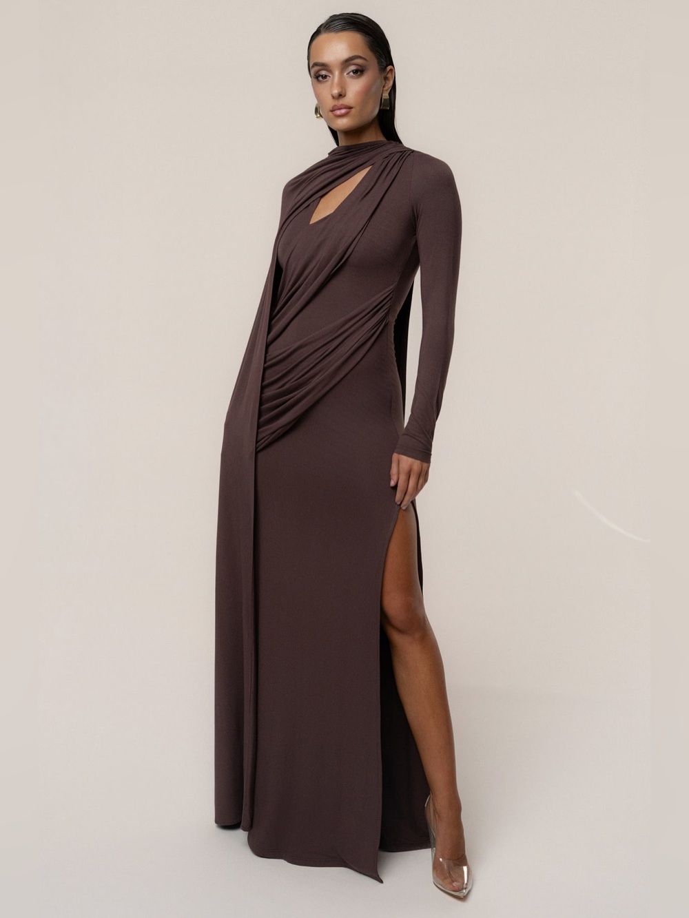 JLuxlabel Draped Elegance Cape Maxi Dress Size Small Chocolate Brown